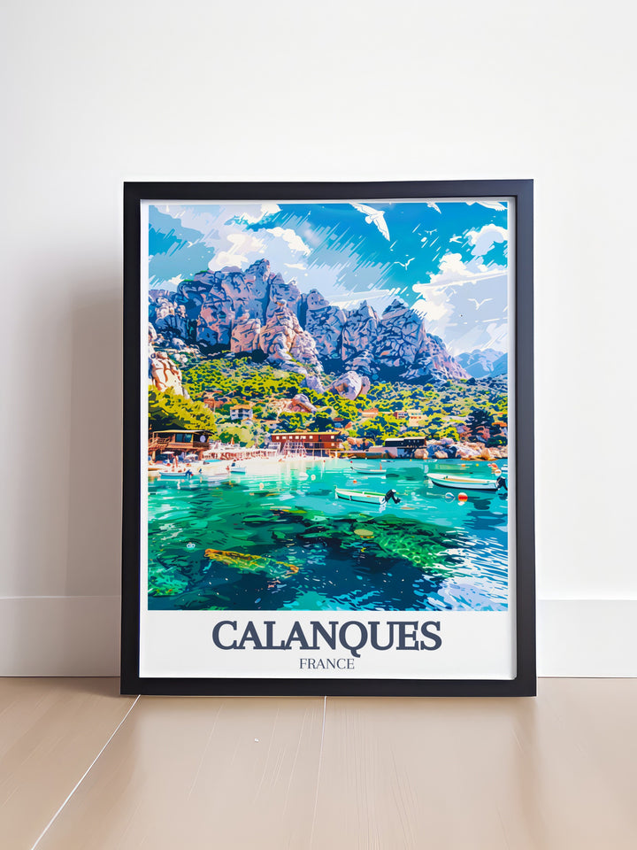 Beautiful Calanques poster of Calanque dEnVau and Calanque de Sormiou adds vibrant colors and natural charm to any room making it the perfect addition to your collection of France travel posters and Mediterranean inspired home décor.