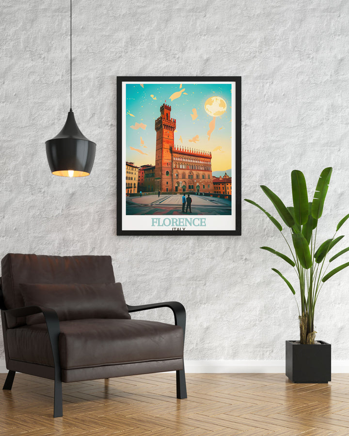 Italy wall art featuring Palazzo Vecchio from Florence brings an Italian architectural masterpiece into your home. This travel print makes a perfect gift for art lovers and travel enthusiasts adding elegance and charm to any living room or office decor