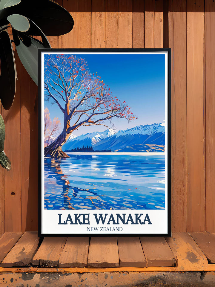 Stunning New Zealand poster of the lake wanaka tree in Mount Aspiring National Park A perfect gift for nature lovers and those who appreciate the beauty of New Zealand travel destinations