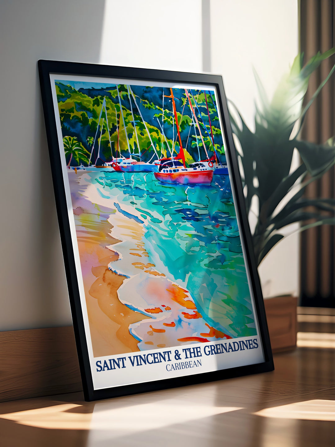 This travel print features a stunning view of Saint Vincent & The Grenadines, with its dramatic cliffs and crystal clear waters, alongside the serene atmosphere of the Caribbean islands. A perfect addition to any home or office for lovers of tropical landscapes.