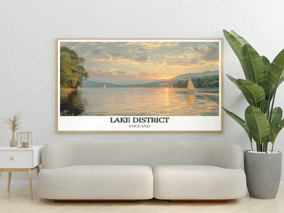 Beautiful Lake Derwentwater art piece showcasing the stunning natural beauty of the Lake District. This vintage print captures the serene landscapes and tranquil waters of North West England, making it a perfect addition to any Lake District decor collection.