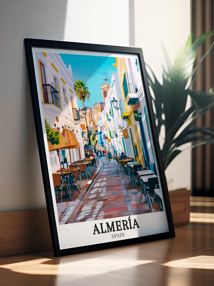 Almería vintage poster highlighting the picturesque Barrio de la Chanca and its hillside homes. This artwork is perfect for adding a touch of Spains charm to your home or office.