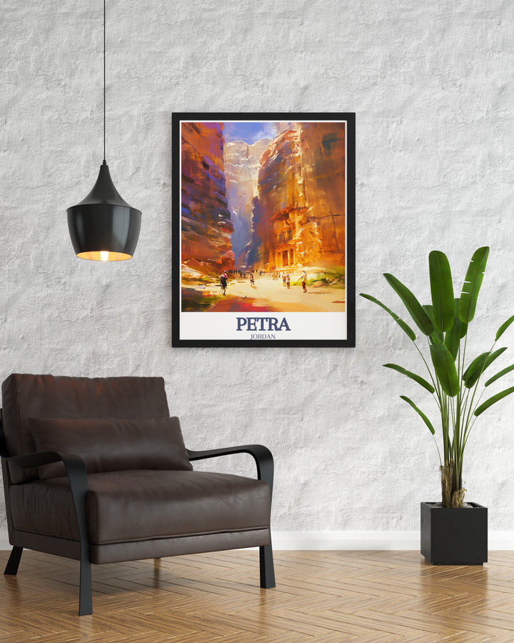 Petra Travel Poster highlighting the journey through The Siqs towering cliffs to the magnificent Treasury. This framed art captures the architectural brilliance of Petra, perfect for those who appreciate ancient civilizations and natural beauty.