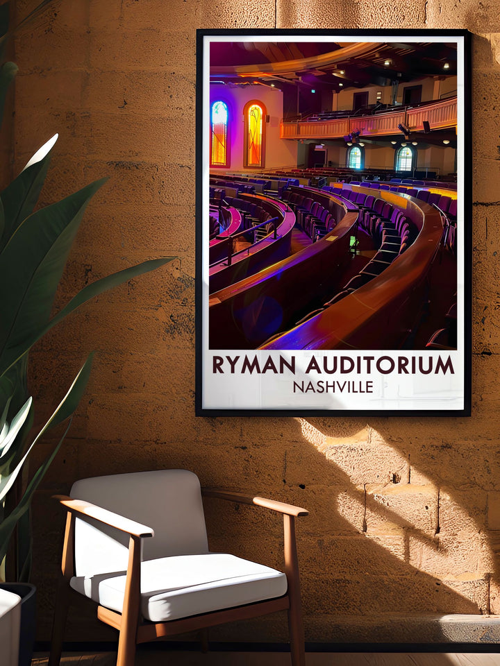 Stage and Auditorium modern prints perfect for music lovers featuring Ryman Auditorium Nashville Tennessee decor elegant country music artwork