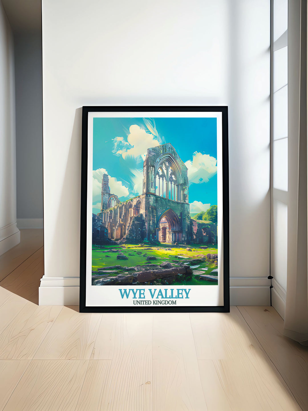 Tintern Abbey modern print showcasing the intricate details of Gothic architecture and serene Wye Valley surroundings. Perfect for adding a sophisticated touch to your nature wall art collection.