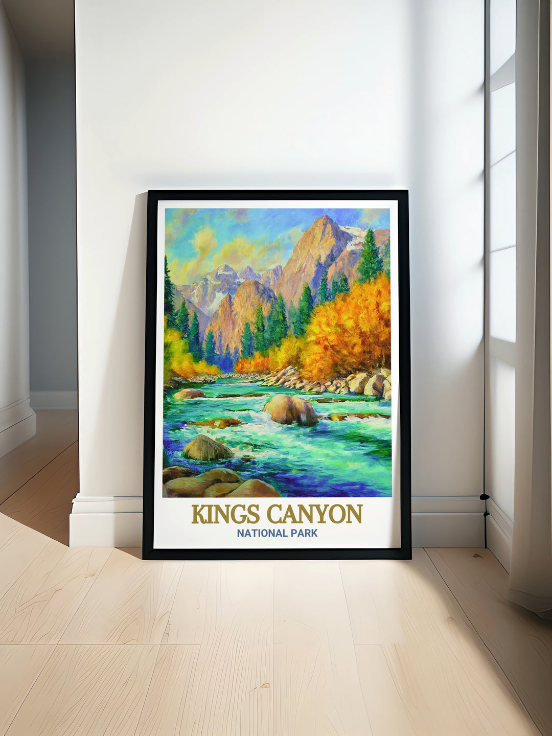 Kings Canyon wall poster featuring the iconic Kings River flowing through the National Park. This art print is ideal for adventurers and National Park fans, offering a lasting memory of the peaceful and rugged beauty of Kings Canyon.