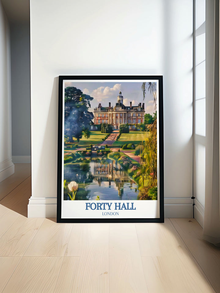 This detailed print captures the serene beauty of Forty Halls gardens, offering a tranquil and picturesque scene that enhances any home decor.