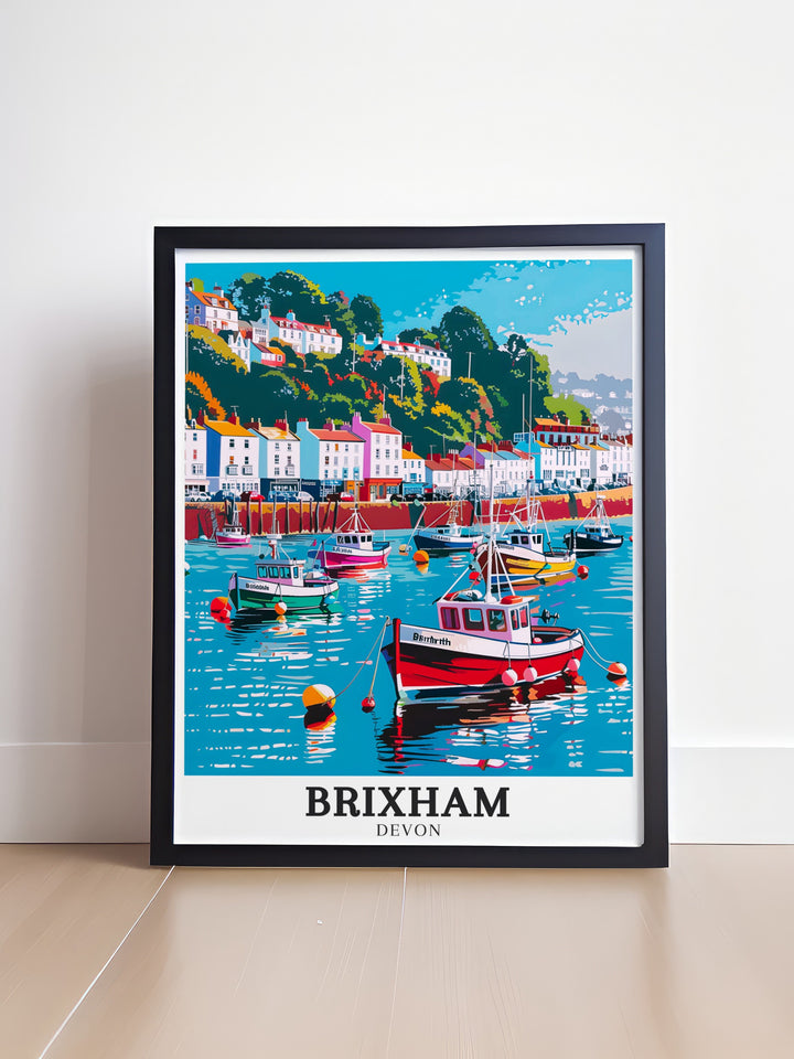 Torbay Travel Poster offers a stunning portrayal of Brixhams harbor, providing a perfect combination of history and beauty for those looking to enhance their decor with a touch of Englands coastal heritage.