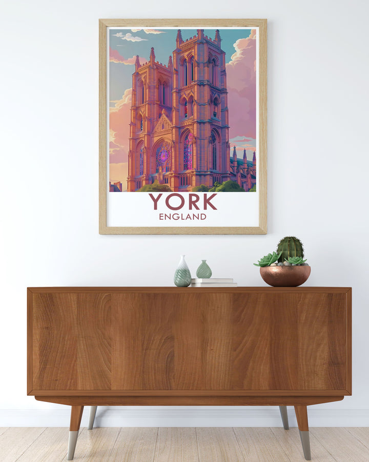 A stunning wall print that features the iconic York Minster, capturing the beauty and historical significance of York. This artwork beautifully highlights the character of one of Englands most beloved structures.