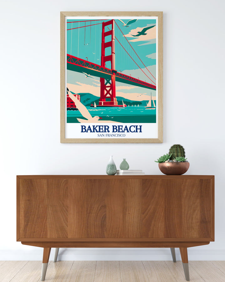 Baker Beach Travel Poster focusing on the serene beauty and iconic landmarks of San Franciscos coastline, including the Golden Gate Bridge and the Pacific Ocean. This custom print captures the essence of Californias coastal allure, making it a standout piece in any decor