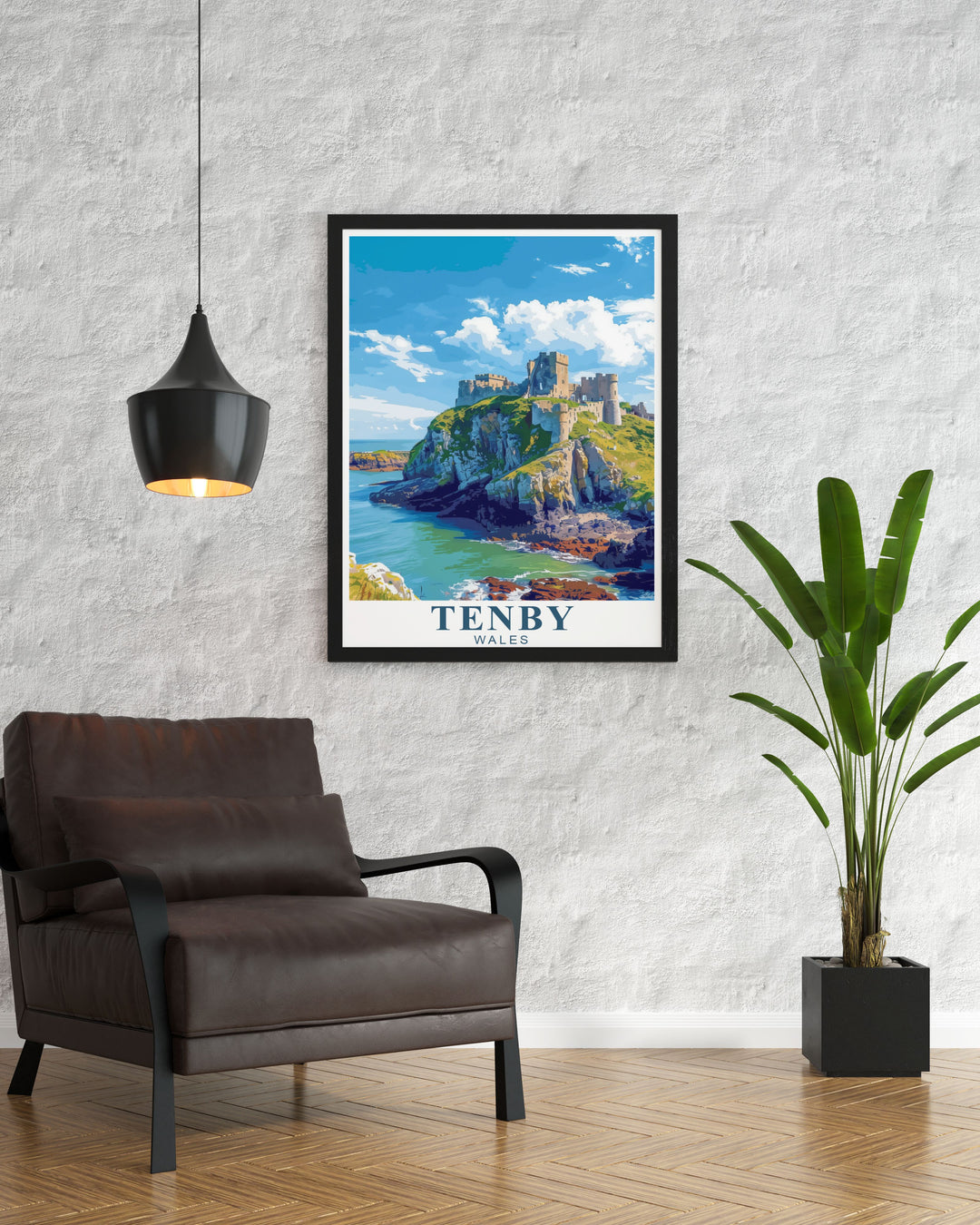 Art Deco print of Tenby Castle and St. Catherines Island showcasing the scenic beauty of the Pembrokeshire Coast. Ideal for travel lovers this framed print captures the charm of Tenby Harbour and makes a perfect gift for any occasion.