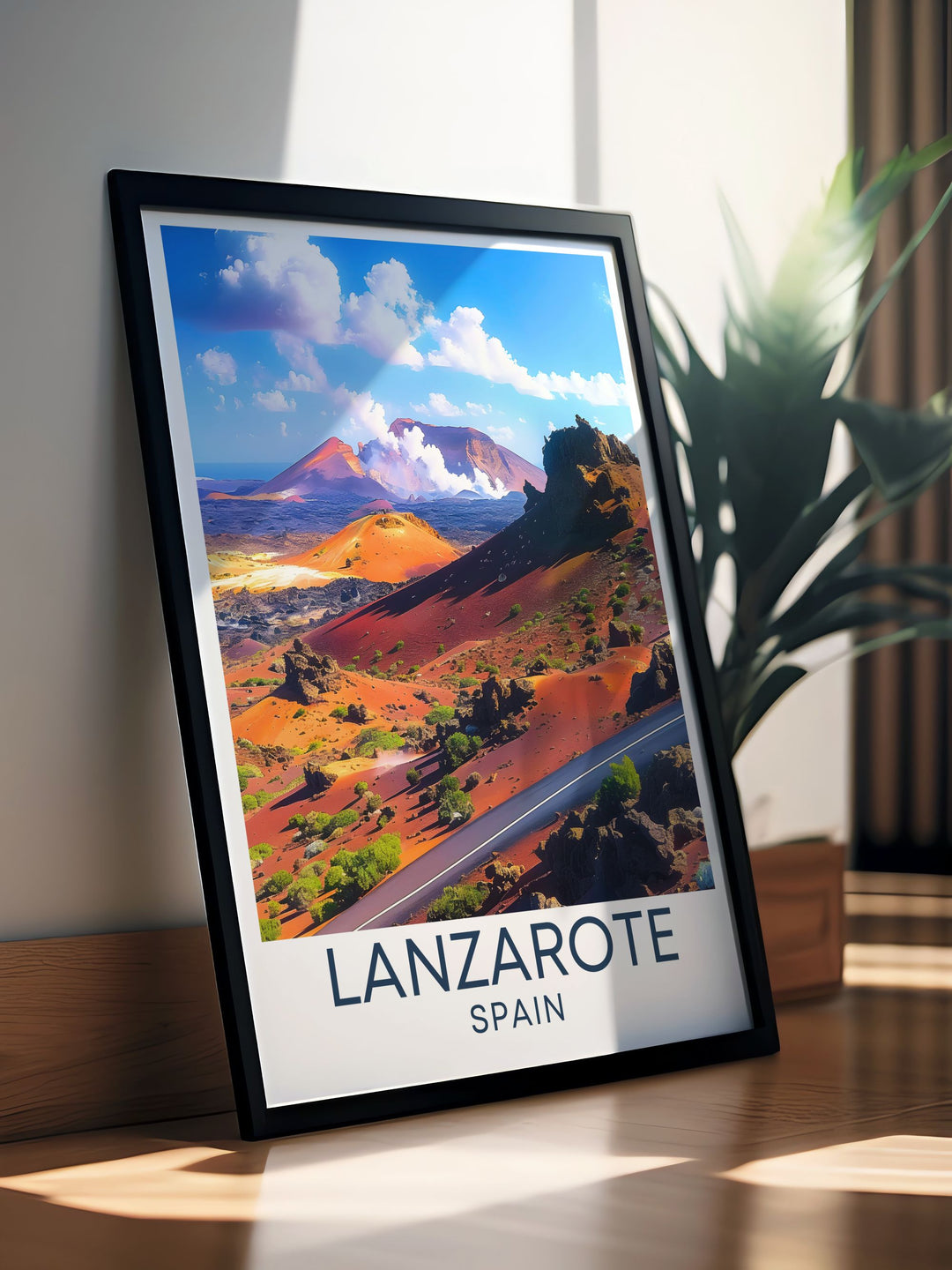 Experience the natural wonders of Timanfaya National Park with this detailed poster, showcasing the parks geothermal displays and rugged volcanic terrain, perfect for enhancing your home decor with Lanzarotes geological beauty.