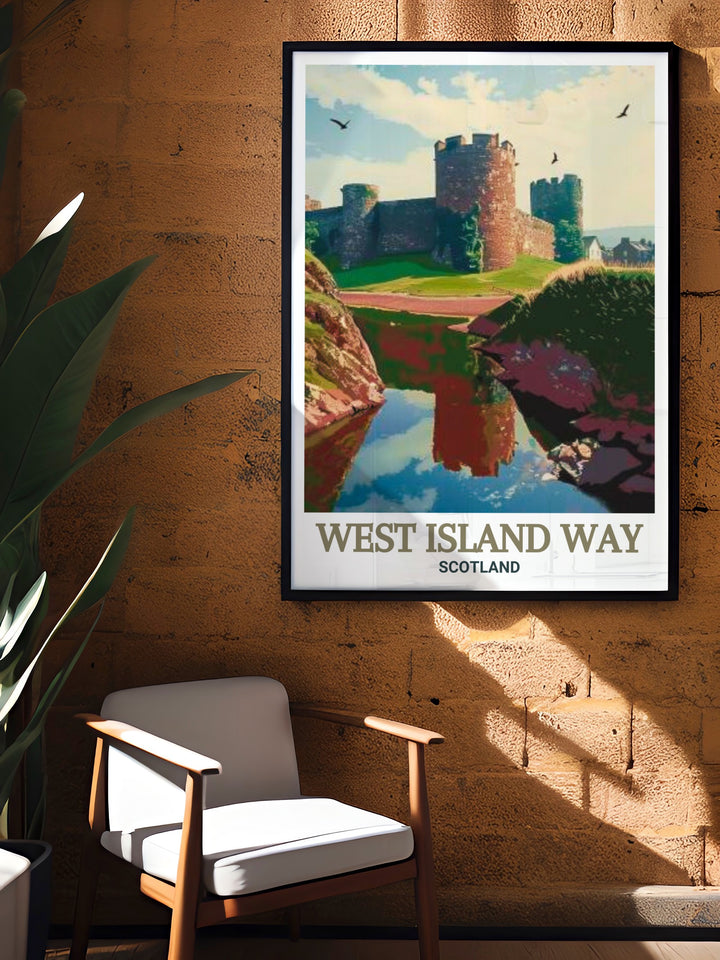 Rothesay Castle Wall Art featuring detailed artwork of the iconic castle and its scenic surroundings perfect for adding a touch of Scottish history