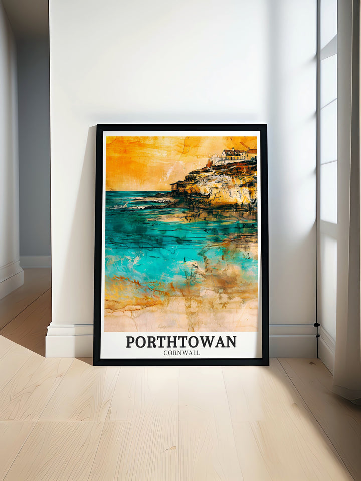 Striking Porthtowan poster highlighting the dynamic contrast between the wild waves of Porthtowan Beach and the tranquil setting of Porthtowan Village. The print celebrates the natural beauty and peaceful lifestyle of Cornwall, making it an excellent piece for any travel art collection