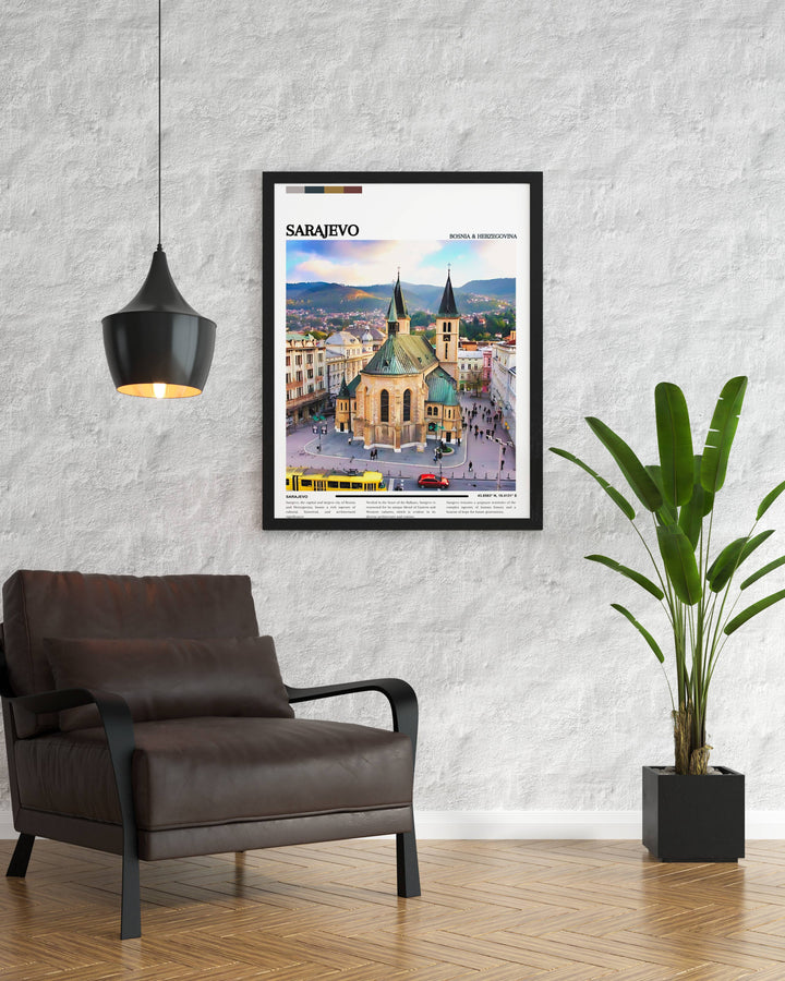 High quality Sarajevo art print that brings the charm and beauty of Bosnia Herzegovina into your home. Ideal for personalized gifts, this Sarajevo photo is a perfect choice for travel enthusiasts and art lovers alike, offering a glimpse into the citys unique heritage.