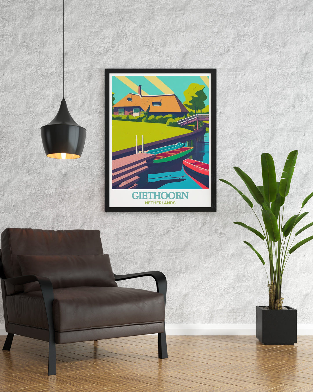 Netherlands wall art featuring Giethoorn, a village known for its beautiful canals and traditional architecture. This print brings the serene beauty of the Netherlands into your home, perfect for creating a relaxing and picturesque atmosphere in any room.