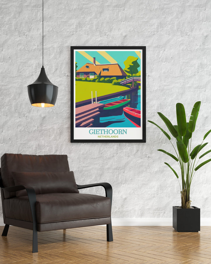 Netherlands wall art featuring Giethoorn, a village known for its beautiful canals and traditional architecture. This print brings the serene beauty of the Netherlands into your home, perfect for creating a relaxing and picturesque atmosphere in any room.