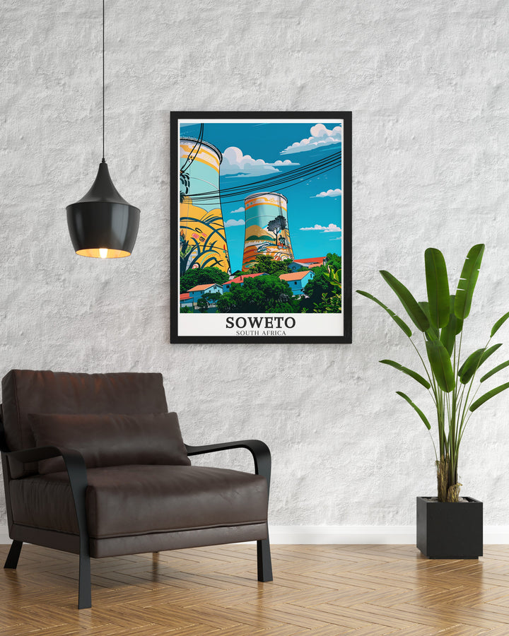 Soweto Art Print featuring Orlando Towers, a historic landmark in Johannesburg, capturing the vibrant murals and the thrill of the bungee jumping center, perfect for adding a touch of South African culture to your home decor.