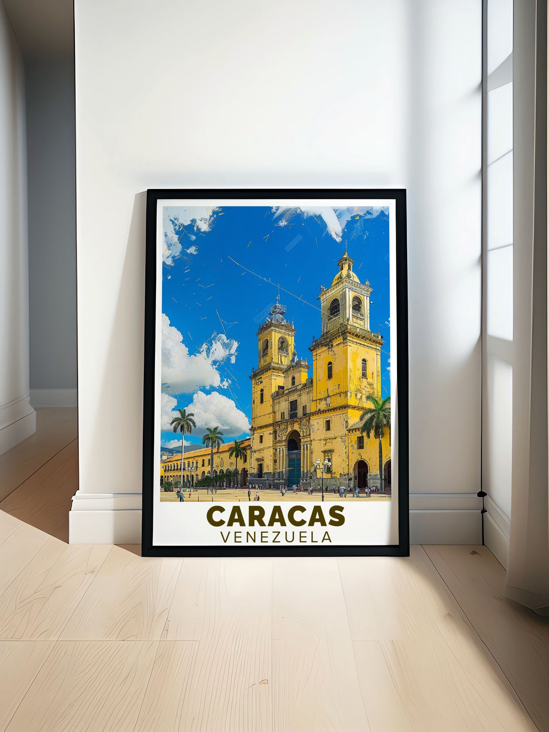 The captivating blend of historical landmarks and lively urban scenes in Caracas and Plaza Bolivar is beautifully illustrated in this poster, making it a stunning addition to any wall art collection celebrating Venezuela.