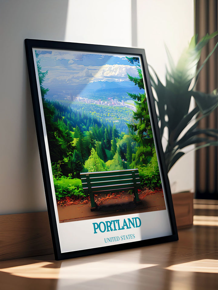 Portland Oregon city print featuring Mount Tabor Park in black and white ideal for stylish living room decor and unique gifts