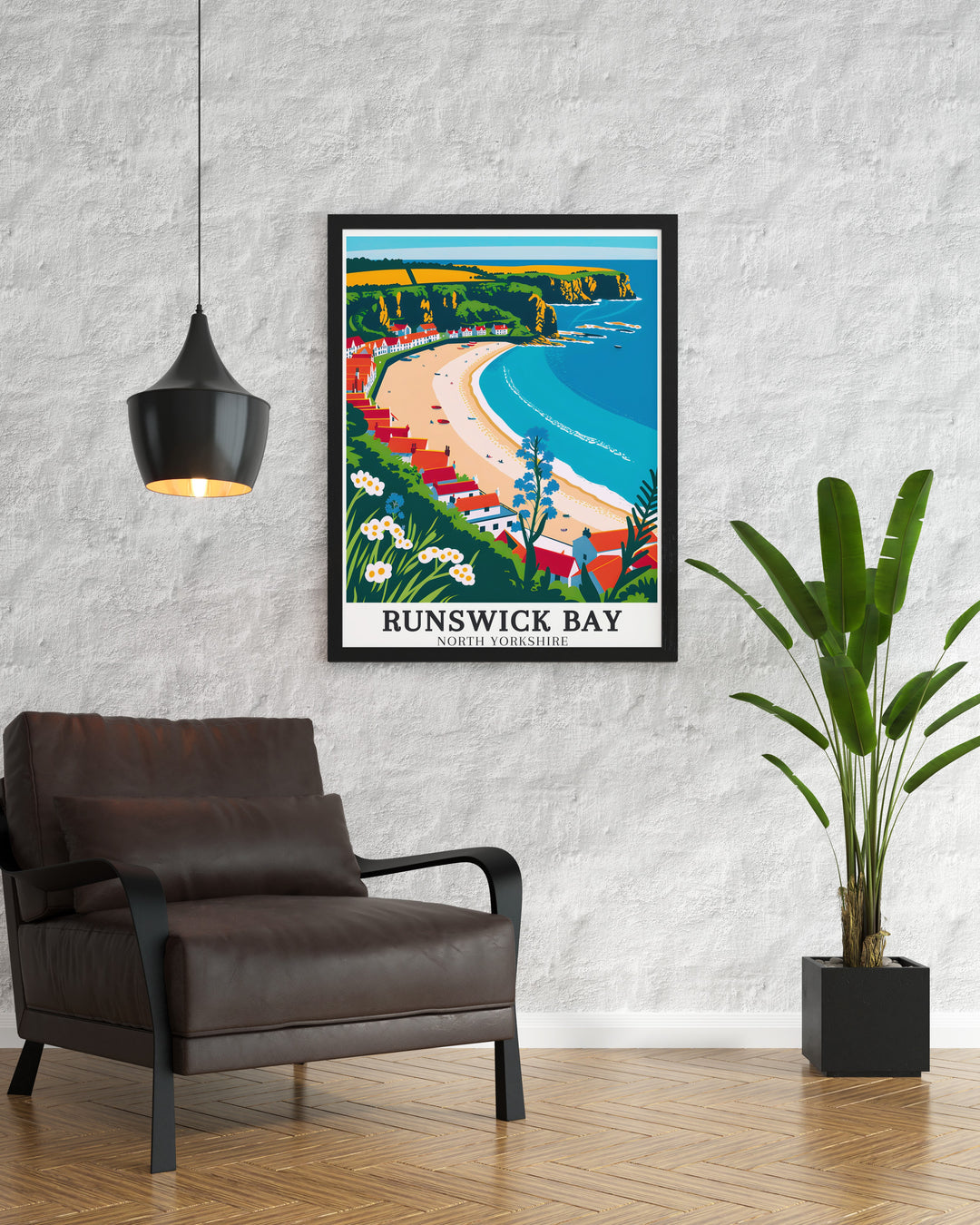 Yorkshire poster featuring Runswick Bay Village along the Cleveland Way Runswick a perfect wall decor addition for coastal and nature enthusiasts celebrating the stunning landscapes of North Yorkshire with vibrant colors and detailed vintage travel print design