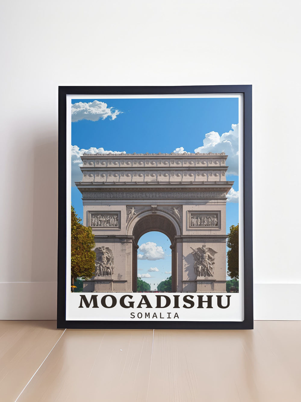 This travel poster highlights the dynamic culture of Mogadishu, inviting viewers to experience the vibrant marketplaces, historic sites, and lively streets of Somalias capital city.