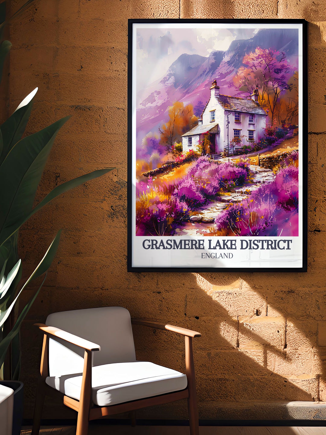 Showcasing the picturesque scenery of Grasmere Lake and the quaint village, this poster celebrates the natural and historical significance of the Lake District, England, ideal for nature and history lovers alike.