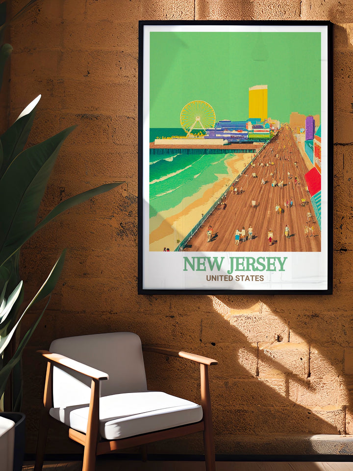 Travel print capturing the Atlantic City Boardwalk in New Jersey. Perfect for home decor or as a unique gift. The detailed illustration and vibrant colors highlight the beauty and cultural significance of this iconic coastal landmark.