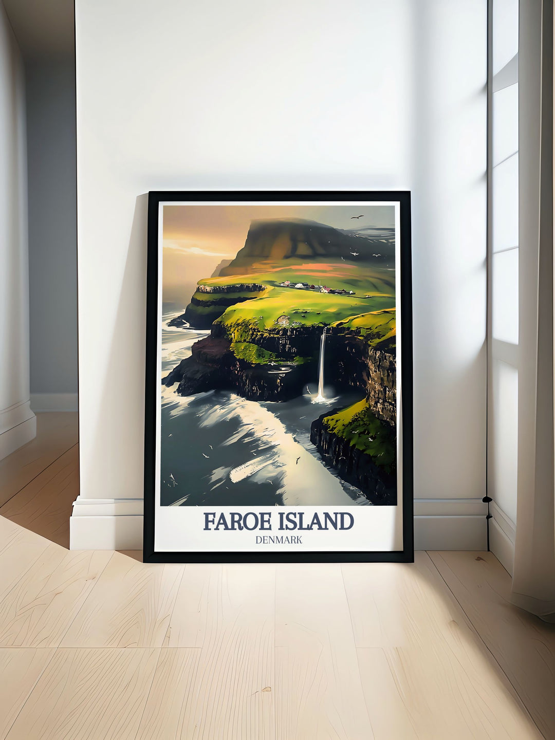 Stunning Faroe Island art print featuring Mulafossur waterfall and Gasadalur Village. This artwork showcases the beauty of the Faroe Islands and makes a perfect addition to your home or as a thoughtful gift for lovers of natural landscapes and serene settings.