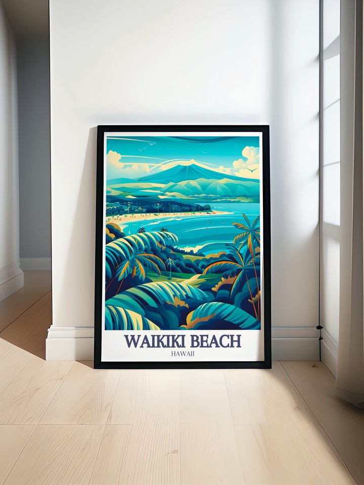 Bring a piece of Hawaii into your home with this Diamond Head Crater Travel Print. This artwork showcases the bold volcanic peak towering over Waikiki Beach, a must have for those who appreciate the natural beauty of Hawaiis landscape.