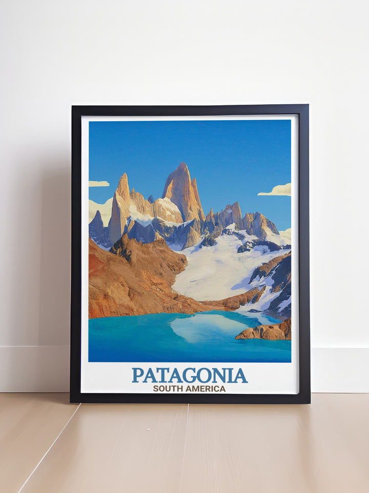 Framed print of Torres Del Paine National Park with views of the Cuernos Del Paine and guanacos. Complemented by Mount Fitz Roy artwork perfect for home decor. A must have for those who love South American landscapes.