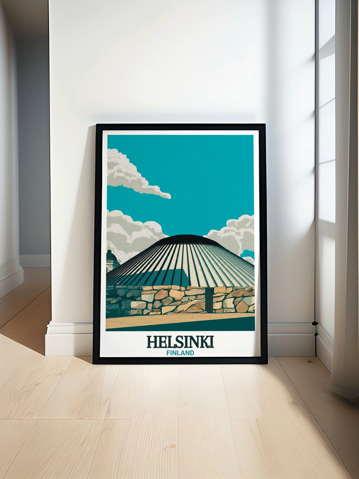 Featuring Helsinkis Temppeliaukio Church, this art print celebrates one of Finlands most renowned architectural feats. The travel print highlights the churchs blend of natural and modern design, making it a perfect addition for lovers of Finnish culture and art.