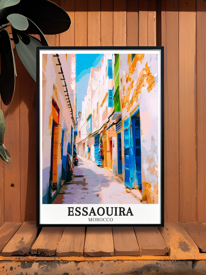 Celebrate the exotic charm of Essaouira, Morocco, with this detailed canvas print. Featuring the Derb and the historic streets of Essaouira Old Town, this artwork adds a splash of color and culture to any room. Ideal for travel lovers, this print is sure to inspire wanderlust.