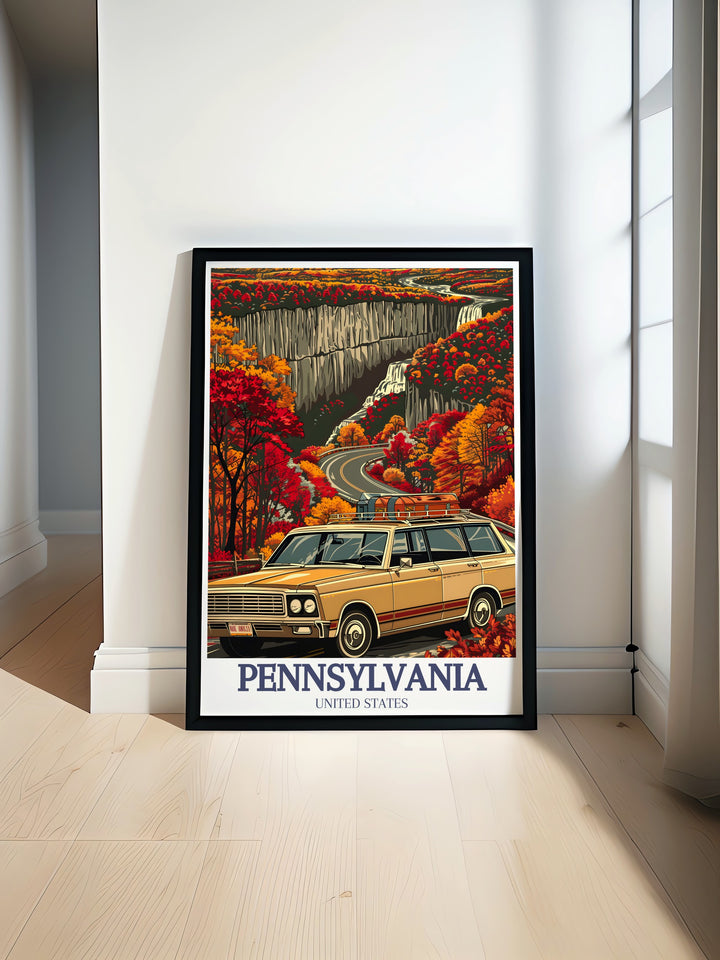 This Pennsylvania travel poster captures the splendor of Ricketts Glen State Park and the Glens Natural Area. Featuring lush forests and waterfalls, this art piece is perfect for anyone who appreciates nature. Great as home decor or a gift for Pennsylvania enthusiasts.