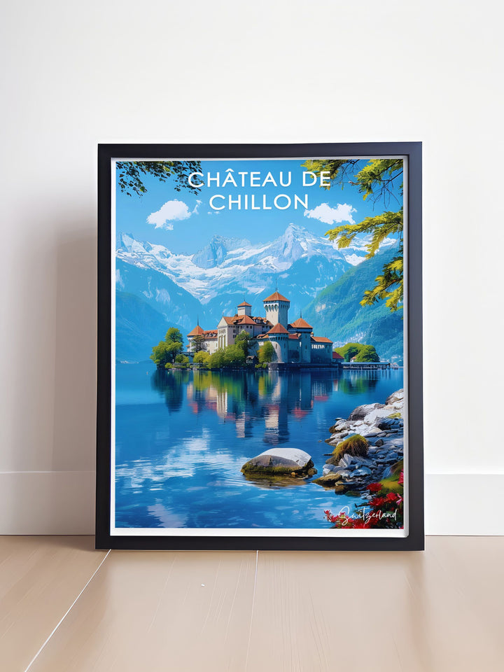 Bucket List Prints featuring the majestic peaks of the Swiss Alps and the historic Chateau de Chillon perfect for travelers and art enthusiasts looking to add a unique piece to their collection