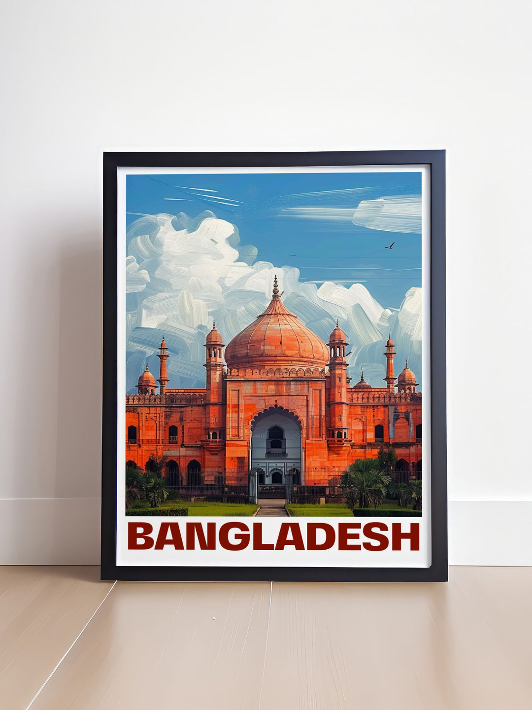 Highlighting the rich heritage of Dhaka, this travel poster features the impressive Lalbagh Fort complex, ideal for history enthusiasts and home decor lovers.
