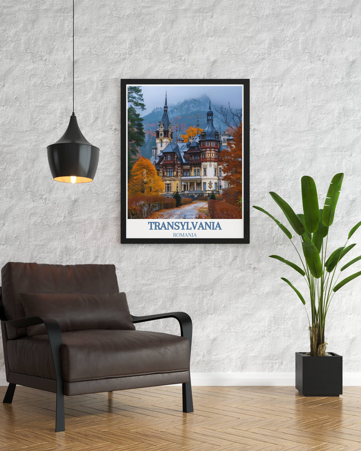 Gallery wall art featuring Peleș Castle, beautifully rendered in high quality prints that highlight the castles Neo Renaissance architecture and breathtaking surroundings.