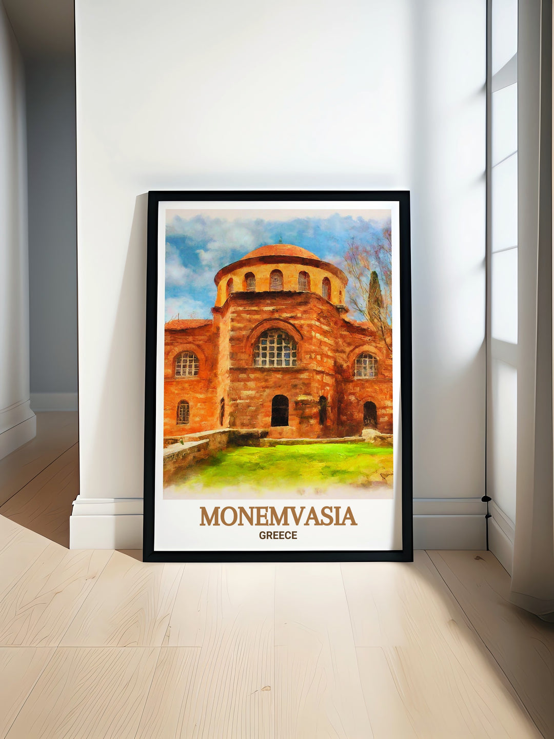 Greece Framed Art depicting the picturesque town of Monemvasia, with its ancient fortifications and panoramic views of the Aegean Sea. This framed piece is designed to bring the beauty and serenity of Greeces coastal landscapes into your living space.