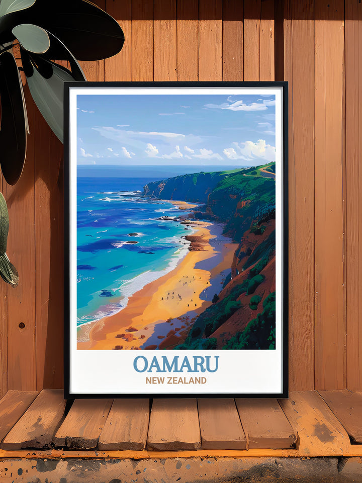 Bushy Beach Wall Art depicting the peaceful shoreline and stunning natural features of Oamarus Bushy Beach. This artwork is ideal for those who appreciate the beauty of New Zealands coastal landscapes and want to bring a piece of it into their home.