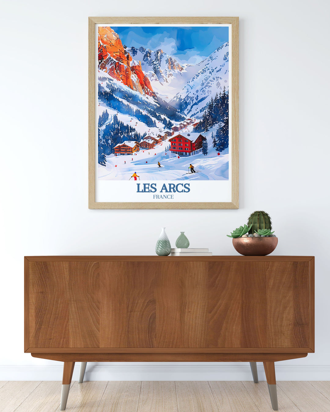 Beautiful Les Arcs print featuring Aiguille Rouge Mont Blanc perfect wall decor for any room bringing the thrill and beauty of skiing into your home