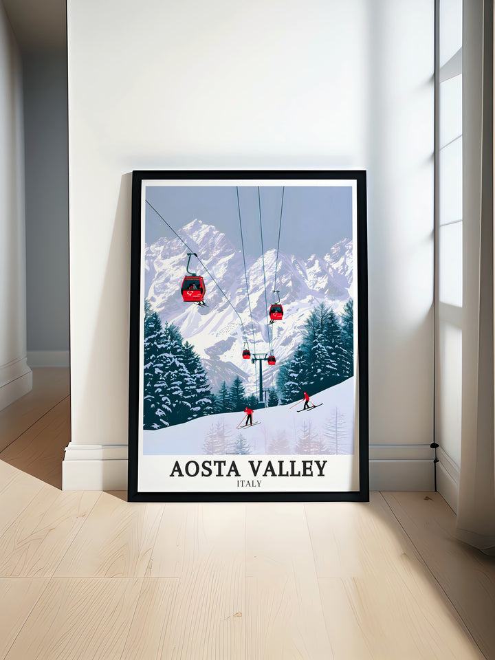 An exquisite framed art print featuring the picturesque landscapes of Aosta Valley, the bustling ski resort of Courmayeur, and the towering Mont Blanc. This Italy artwork captures the essence of Italys alpine regions, offering a visual journey through some of the most iconic locations in the Alps. Perfect for adding a touch of Italys charm to your home decor, this piece is a must have for any art or travel enthusiast.