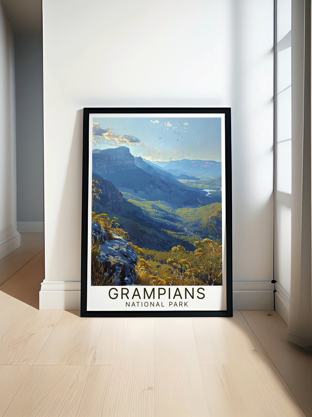 This vintage style Grampians poster adds a nostalgic touch to your decor while showcasing the beauty of Australias wilderness. Featuring the majestic Boroka Lookout, this artwork is perfect for nature lovers and those who appreciate timeless landscapes. Bring the essence of Australias outback into your home with this unique print.