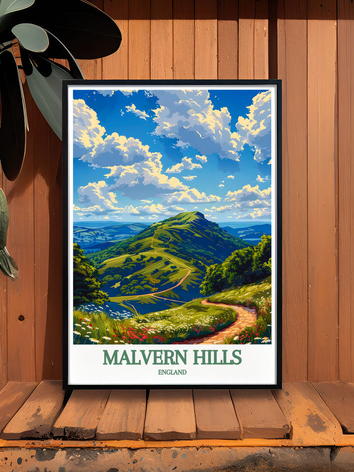 Celebrate the majestic beauty of the Great Malvern Priory with this elegant home decor piece featuring vintage travel prints of the Malvern Hills and Gloucestershire UK perfect for adding a refined and historical touch to any room with a timeless and sophisticated design