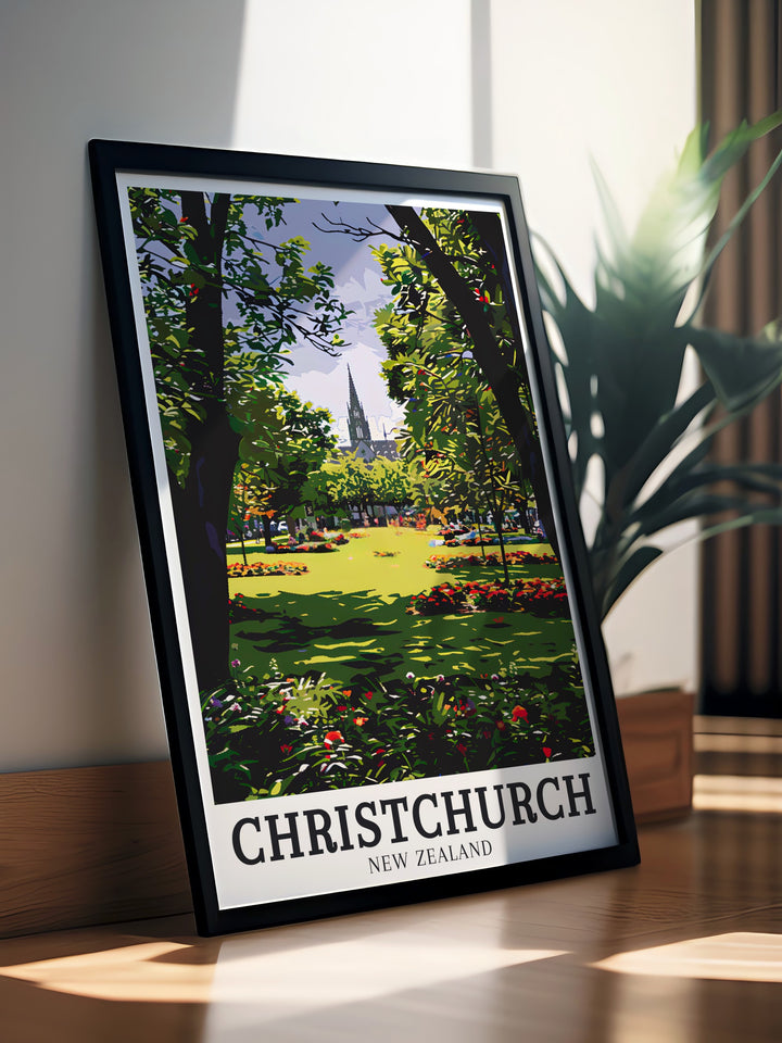 Transform your living space with a stunning ChristChurch Cathedral and Christchurchs Botanic Gardens art print showcasing the architectural and botanical splendor of Christchurch a perfect addition to any room that celebrates the beauty of New Zealand.