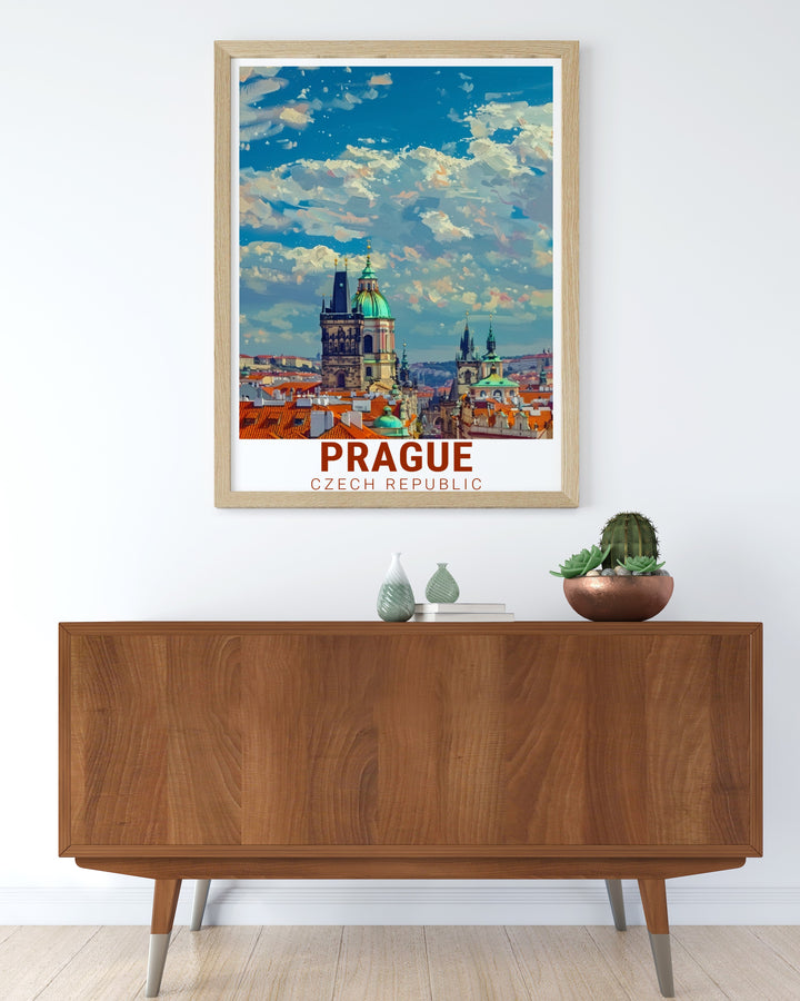 Old Town Square modern print showcasing the intricate details of Pragues famous landmark ideal for art lovers and travelers looking to bring a piece of European history and charm into their home decor
