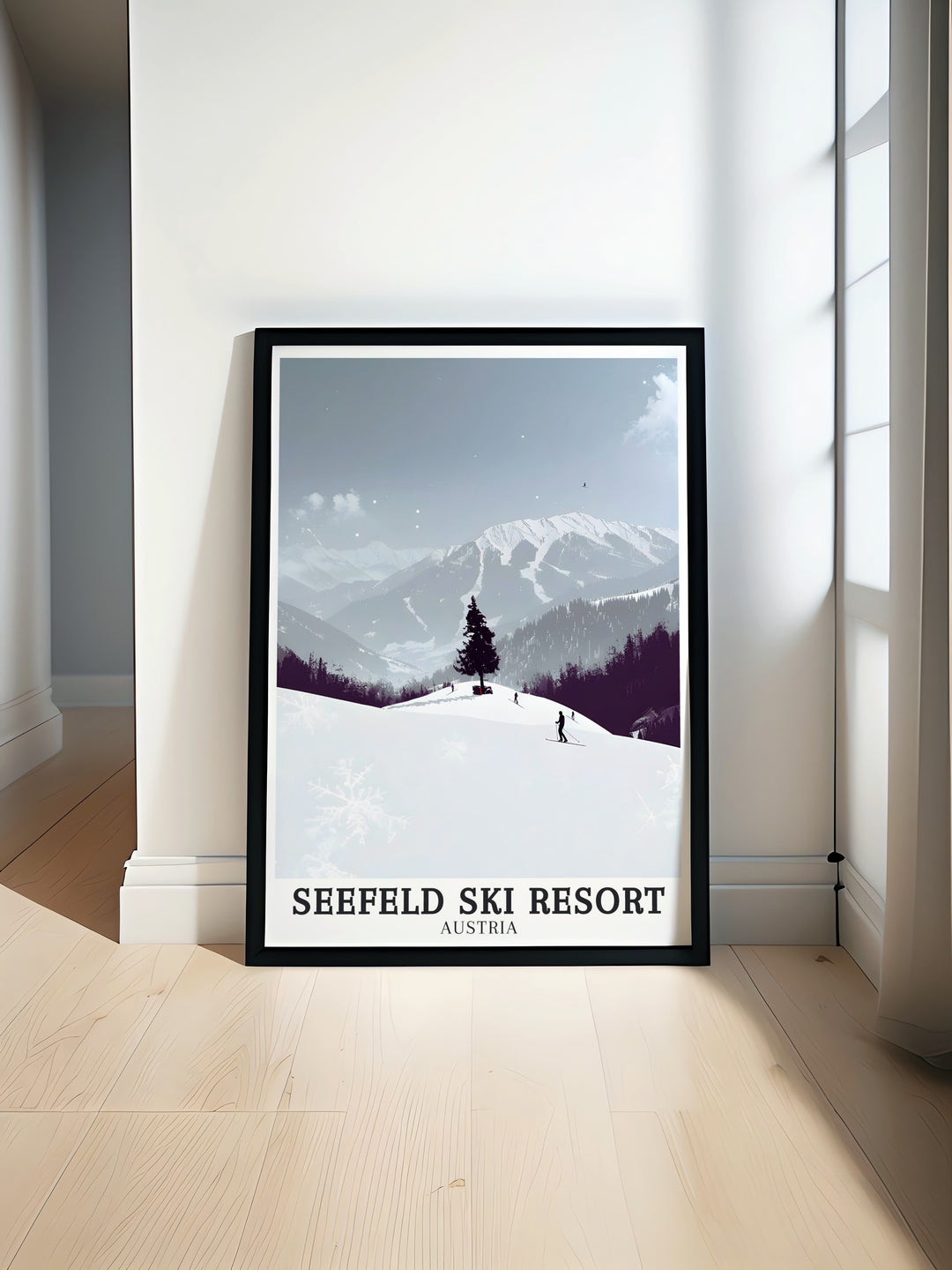 Seefeld Ski Resort Poster Print featuring the snow covered slopes of the Austrian Alps Region Seefeld. Perfect wall art for lovers of winter sports like snowboarding and skiing in Tyrol Austria with iconic Gschwandtkopf and Rosshutte mountains in the background.