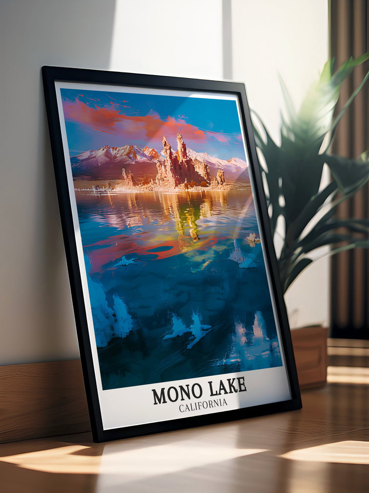 Elegant Mono Lake Wall Art with views of the Sierra Nevada Mountains and Mono County. This California print is a great addition to any home offering a serene look at one of the states most iconic travel destinations.