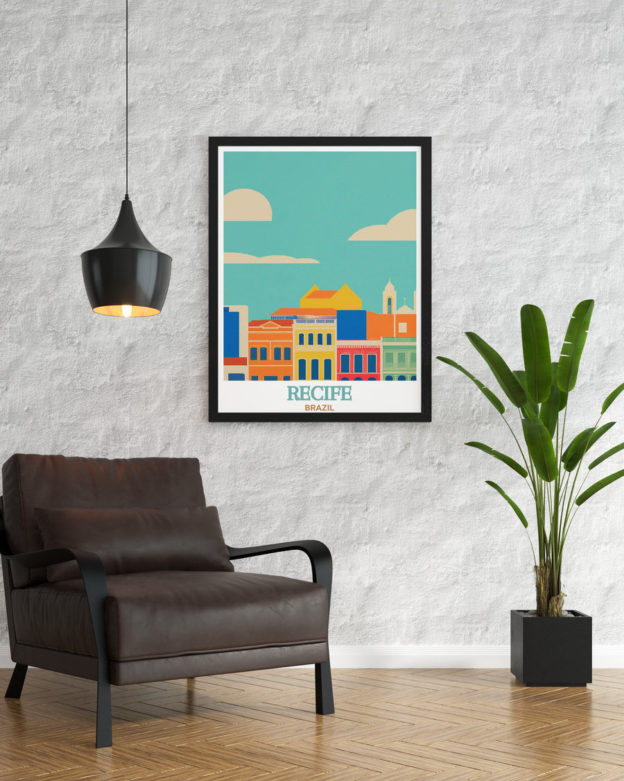 Detailed Recife Antigo wall art, bringing to life the historic charm of Recifes oldest neighborhood in Brazil. This artwork highlights the architectural elegance and cultural richness of Recife Antigo, making it an ideal piece for home decor enthusiasts.