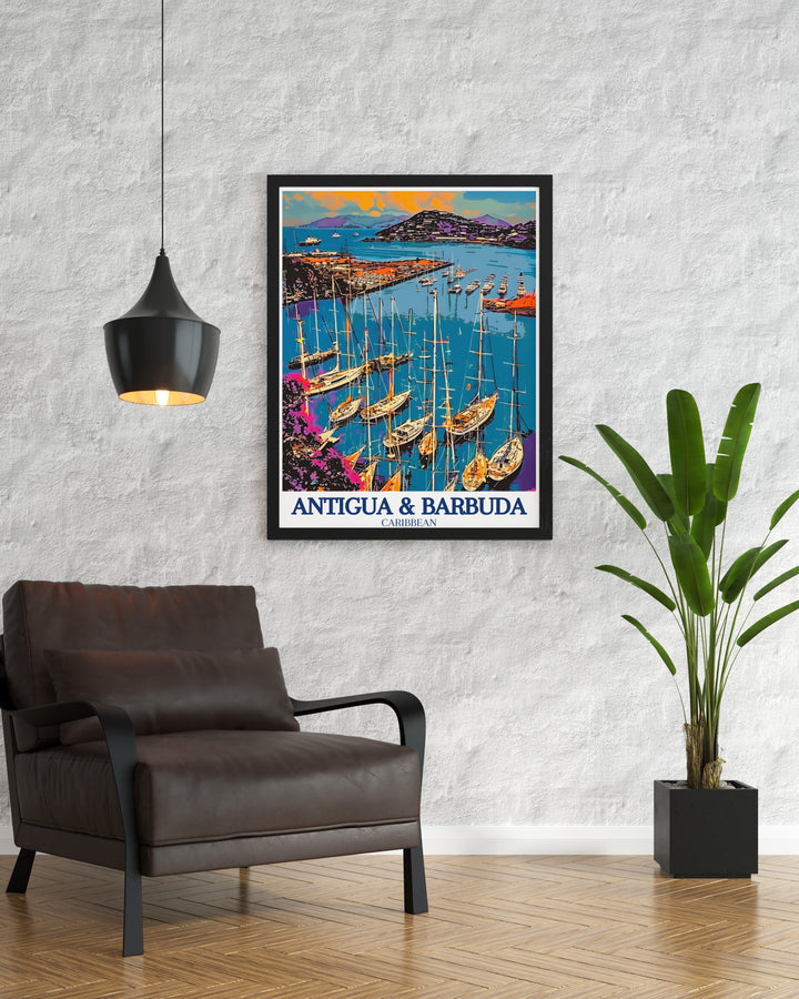 Nelsons Dockyard Travel Poster showcasing the historic dockyard, a vital part of Antiguas maritime history. This detailed print is ideal for history enthusiasts and those who appreciate the beauty and significance of well preserved historical landmarks