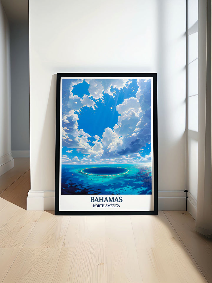Blue Hole framed art capturing the stunning clarity and deep blue waters of this famous Bahamian natural wonder, perfect for adding a touch of serene beauty to any room.